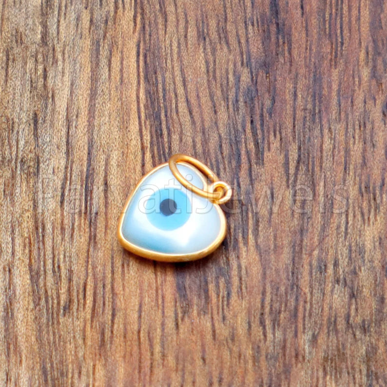 Evil Eye Charm, Heart Evil Eye Charm, 18k Solid Gold Charm, Mother of Pearl Gold Charm, Charm Necklace, Good Luck Charm, 18 k Solid Gold