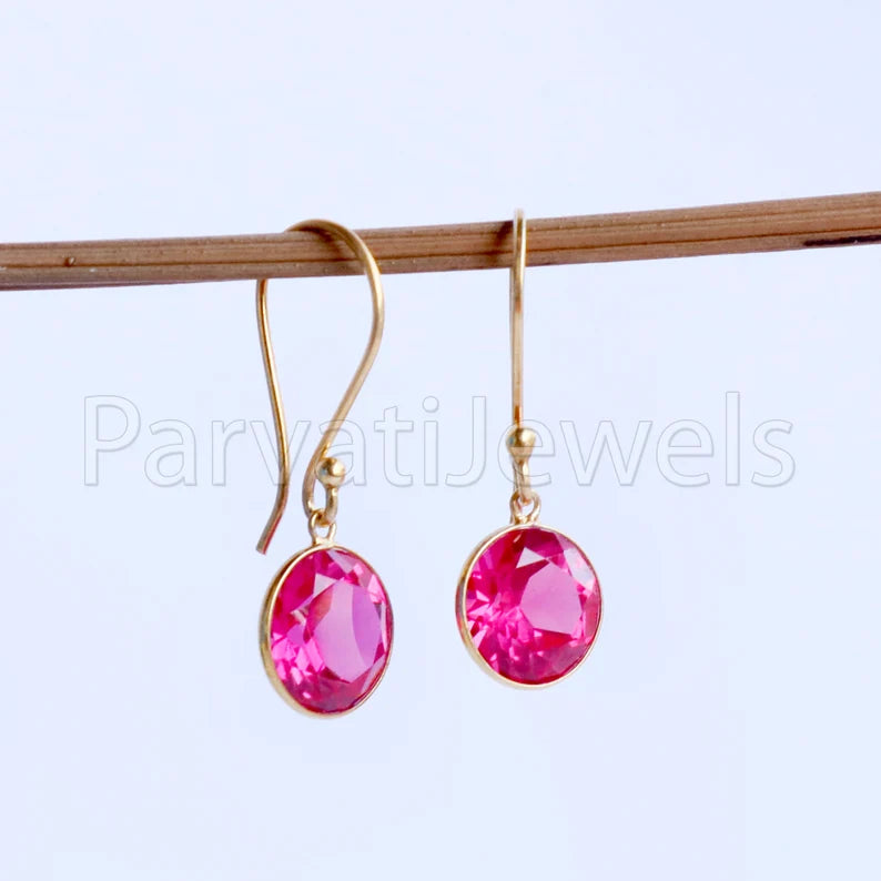 Lab Created Ruby Earring, Ruby Dangle Gold Earring, Solid 18k Gold Earring, Handmade Gold Earring, Minimalist Dangle Earring, Gift for Her