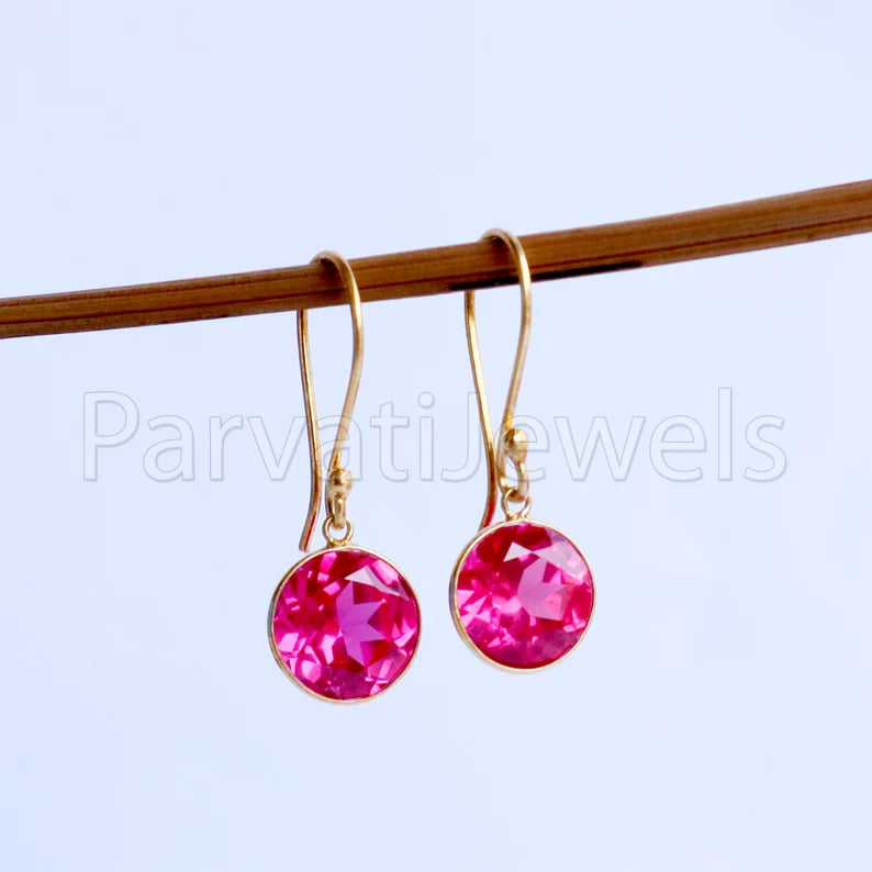 Lab Created Ruby Earring, Ruby Dangle Gold Earring, Solid 18k Gold Earring, Handmade Gold Earring, Minimalist Dangle Earring, Gift for Her