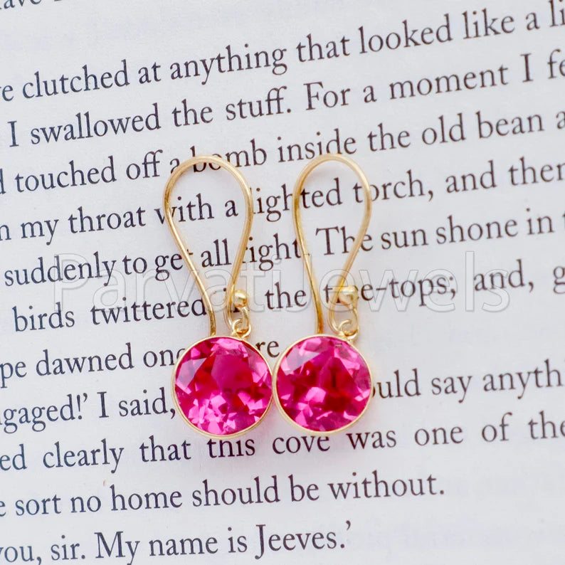 Lab Created Ruby Earring, Ruby Dangle Gold Earring, Solid 18k Gold Earring, Handmade Gold Earring, Minimalist Dangle Earring, Gift for Her