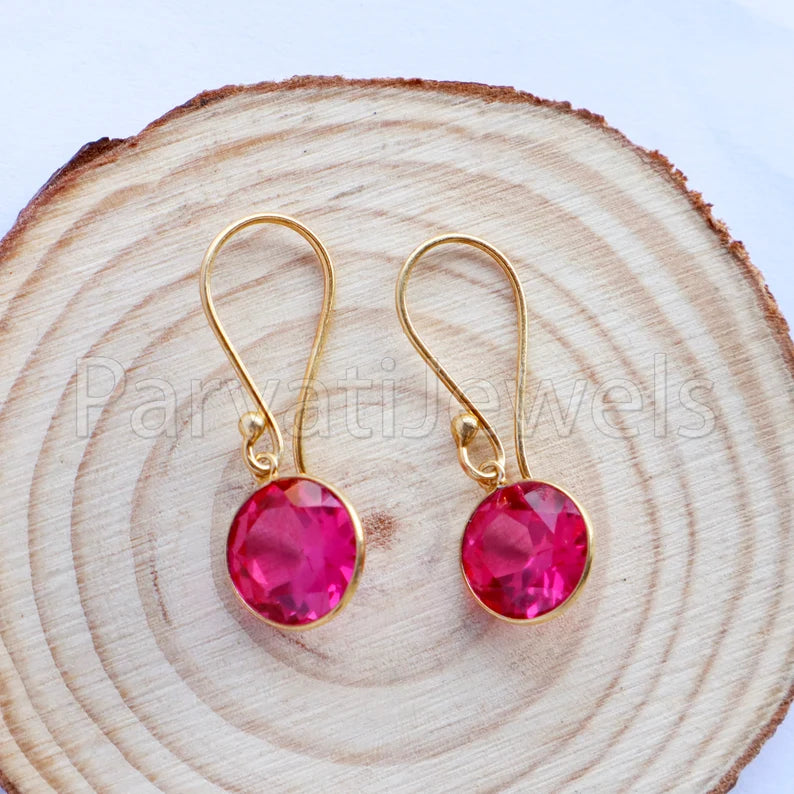 Lab Created Ruby Earring, Ruby Dangle Gold Earring, Solid 18k Gold Earring, Handmade Gold Earring, Minimalist Dangle Earring, Gift for Her
