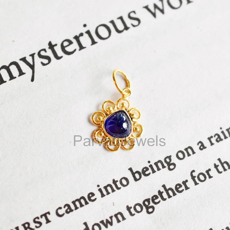 Natural Blue Sapphire Gemstone 18K Solid Gold Charm Pendant, Solid Gold Charm, Minimal Handmade Gold Charm Pendant, September Birthstone