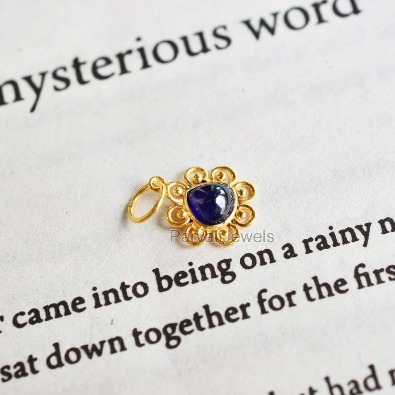 Natural Blue Sapphire Gemstone 18K Solid Gold Charm Pendant, Solid Gold Charm, Minimal Handmade Gold Charm Pendant, September Birthstone