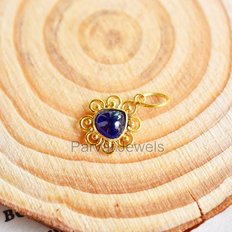 Natural Blue Sapphire Gemstone 18K Solid Gold Charm Pendant, Solid Gold Charm, Minimal Handmade Gold Charm Pendant, September Birthstone