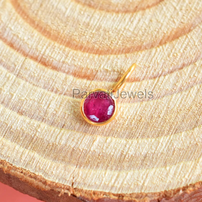 Natural Ruby Gemstone 18K Solid Gold Charm Pendant, Round Shape Ruby Solid Gold Charm, Minimal Handmade Gold Charm Pendant, July Birthstone