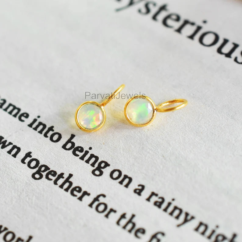 18k Solid Gold Natural Ethiopian Opal Charm Pendant, Round Shape Opal Gemstone Gold Charm, Minimal light Weight Charm October birthstone