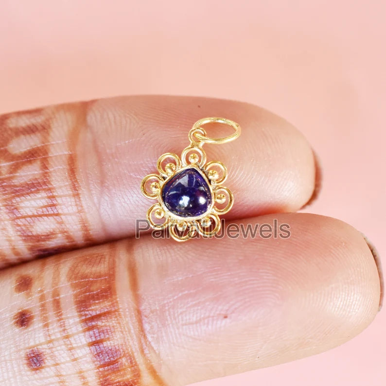 Natural Blue Sapphire Gemstone 18K Solid Gold Charm Pendant, Solid Gold Charm, Minimal Handmade Gold Charm Pendant, September Birthstone