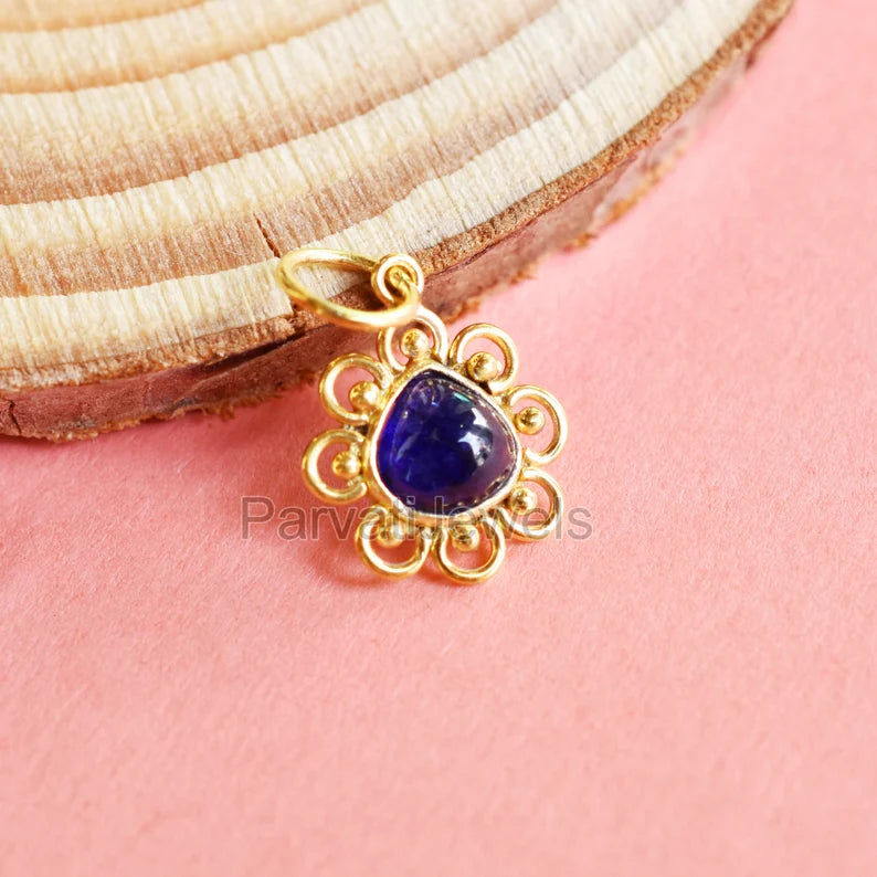 Natural Blue Sapphire Gemstone 18K Solid Gold Charm Pendant, Solid Gold Charm, Minimal Handmade Gold Charm Pendant, September Birthstone