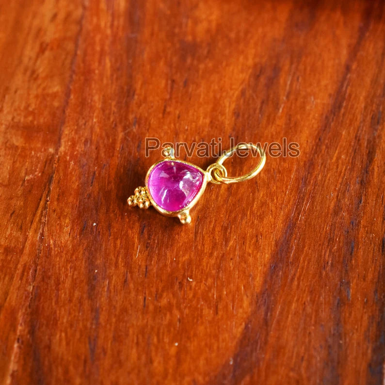 Natural Ruby Gemstone 18K Solid Gold Charm Pendant, 18K Solid Gold Charm, Dainty Delicate Handmade Charm Pendant, July Birthstone