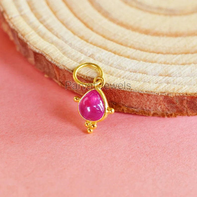 Natural Ruby Gemstone 18K Solid Gold Charm Pendant, 18K Solid Gold Charm, Dainty Delicate Handmade Charm Pendant, July Birthstone