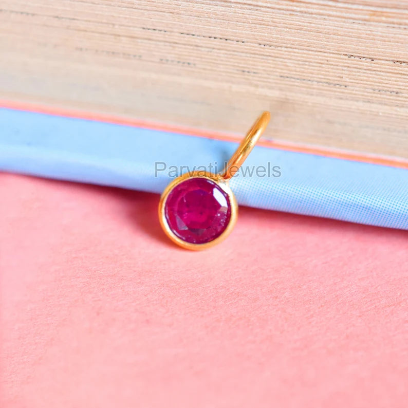 Natural Ruby Gemstone 18K Solid Gold Charm Pendant, Round Shape Ruby Solid Gold Charm, Minimal Handmade Gold Charm Pendant, July Birthstone