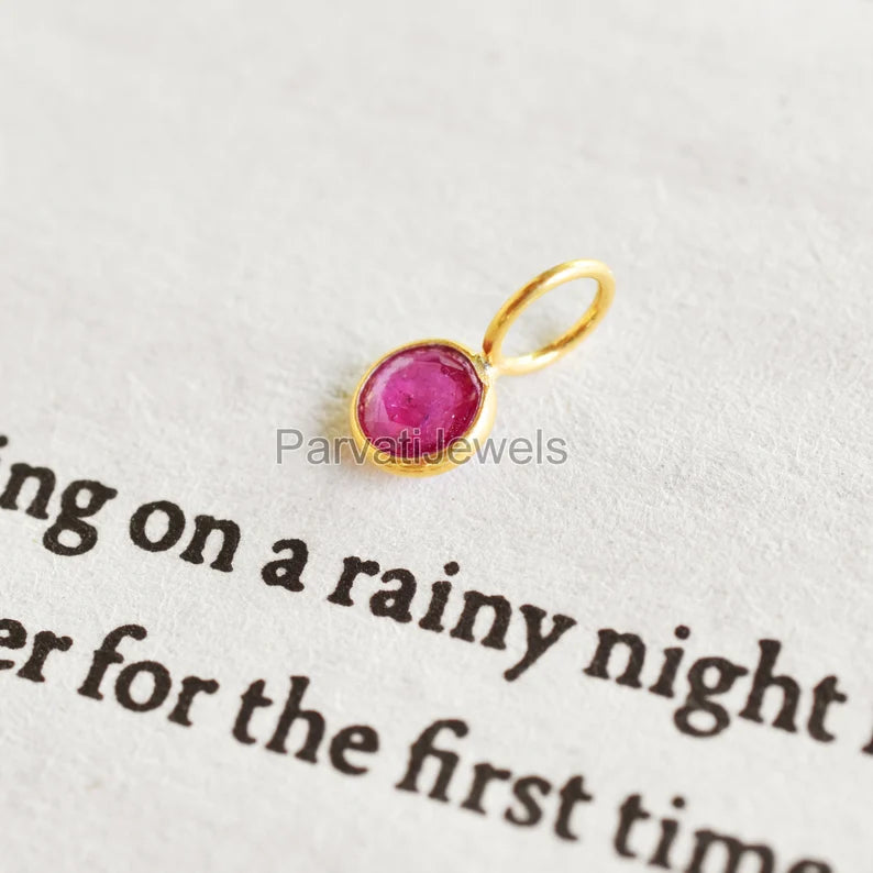 Natural Ruby Gemstone 18K Solid Gold Charm Pendant, Round Shape Ruby Solid Gold Charm, Minimal Handmade Gold Charm Pendant, July Birthstone