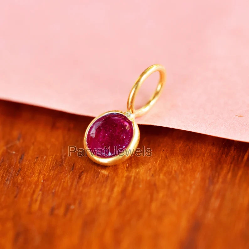 Natural Ruby Gemstone 18K Solid Gold Charm Pendant, Round Shape Ruby Solid Gold Charm, Minimal Handmade Gold Charm Pendant, July Birthstone