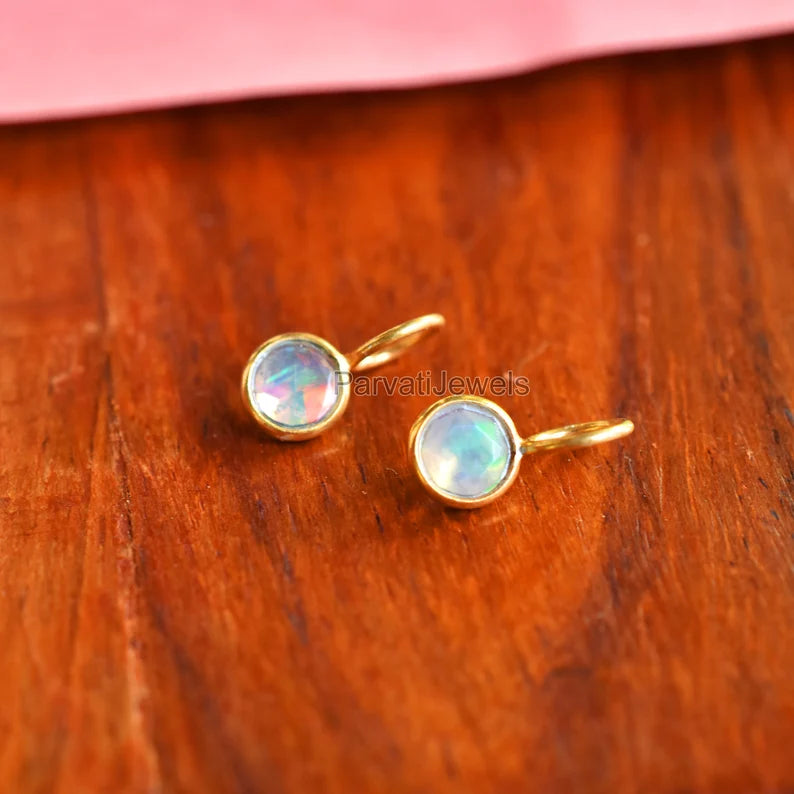 18k Solid Gold Natural Ethiopian Opal Charm Pendant, Round Shape Opal Gemstone Gold Charm, Minimal light Weight Charm October birthstone