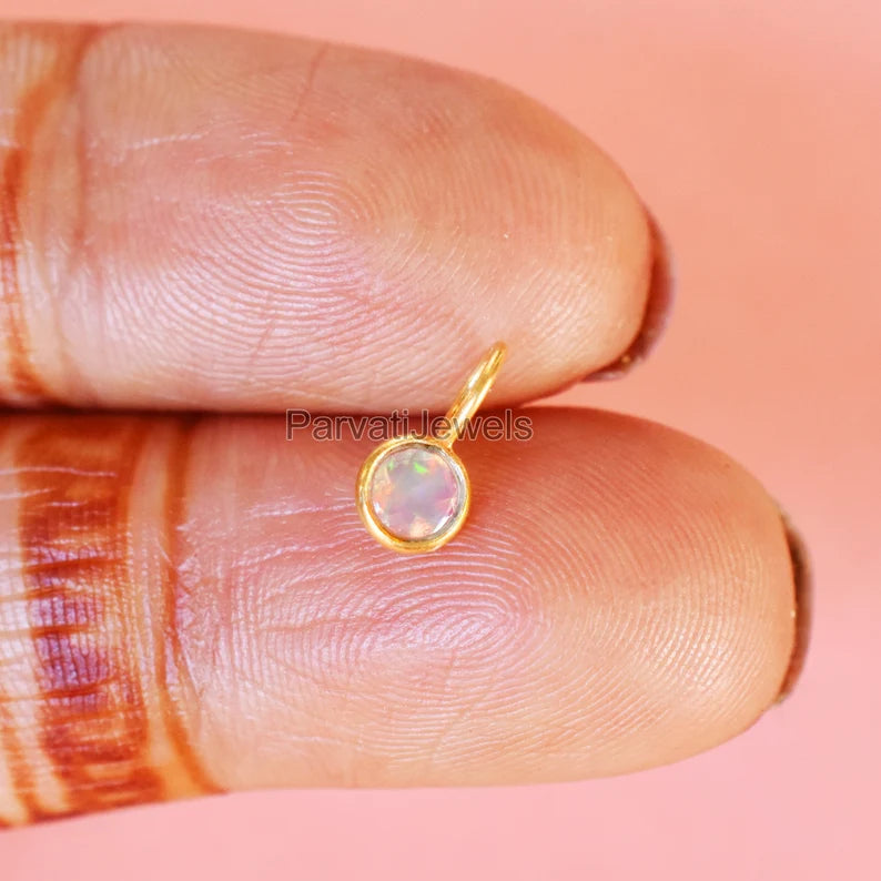18k Solid Gold Natural Ethiopian Opal Charm Pendant, Round Shape Opal Gemstone Gold Charm, Minimal light Weight Charm October birthstone