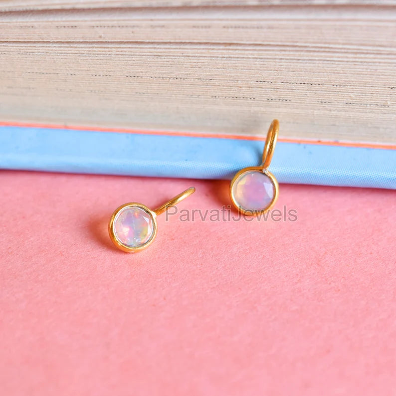 18k Solid Gold Natural Ethiopian Opal Charm Pendant, Round Shape Opal Gemstone Gold Charm, Minimal light Weight Charm October birthstone