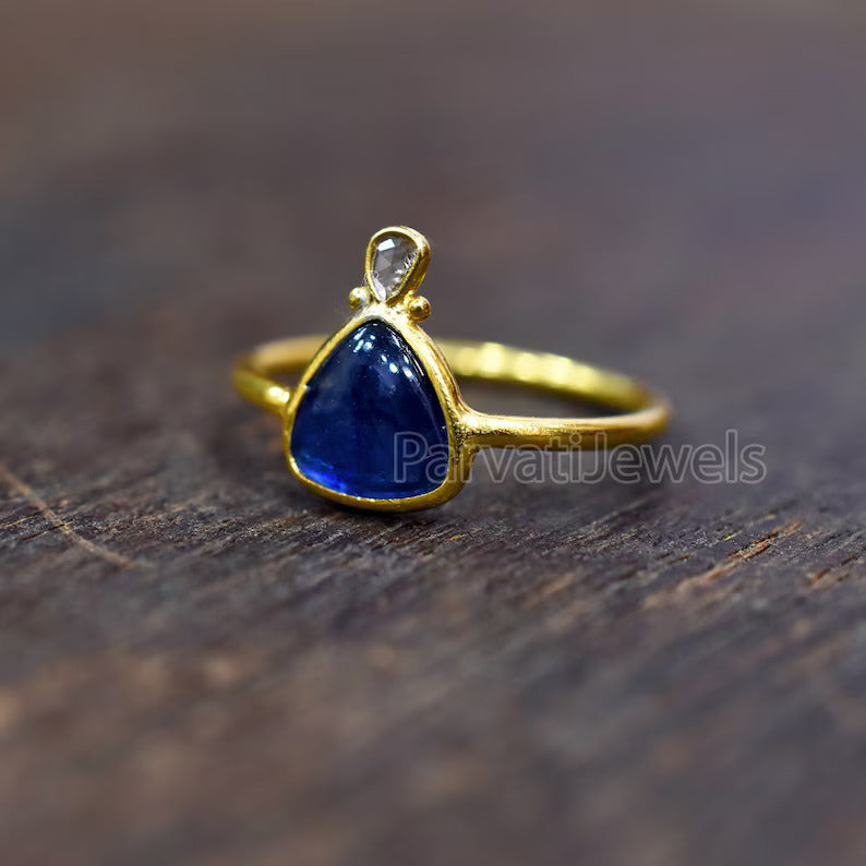 Natural Blue Sapphire With Diamond Gold Ring, 14K & 18k Sapphire Gold Ring, Diamond Gold Ring, Engagement ring, Handmade Ring, Gift for Her
