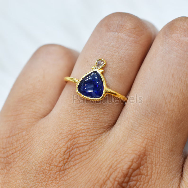 Natural Blue Sapphire With Diamond Gold Ring, 14K & 18k Sapphire Gold Ring, Diamond Gold Ring, Engagement ring, Handmade Ring, Gift for Her
