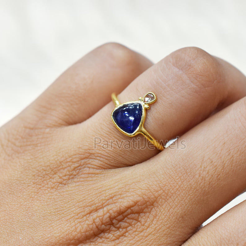 Natural Blue Sapphire With Diamond Gold Ring, 14K & 18k Sapphire Gold Ring, Diamond Gold Ring, Engagement ring, Handmade Ring, Gift for Her