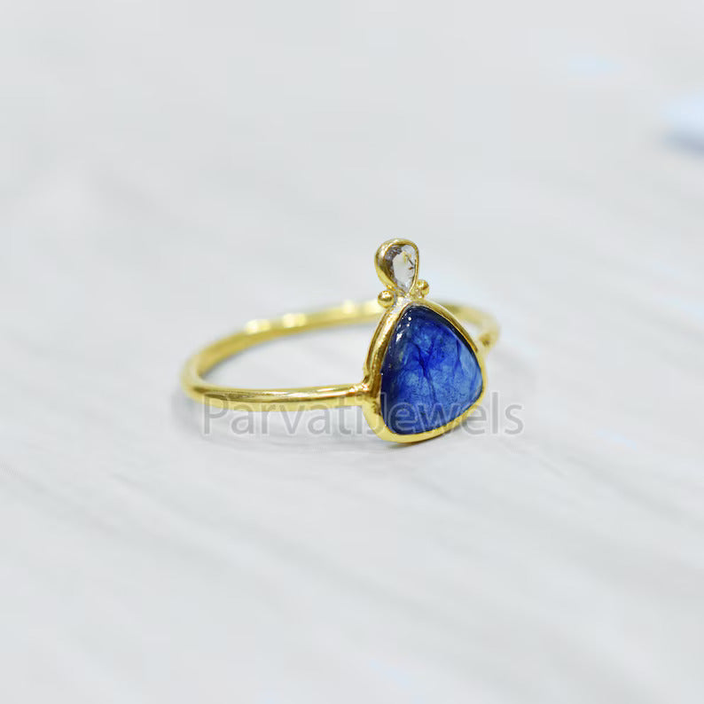 Natural Blue Sapphire With Diamond Gold Ring, 14K & 18k Sapphire Gold Ring, Diamond Gold Ring, Engagement ring, Handmade Ring, Gift for Her
