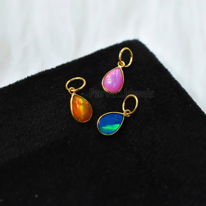 Unique Style Multi Color Fire Opal 18K Solid Gold Charm, 18K Gold Mexican Charm, 18K Gold Fire Pink Opal Charm Pendant, Charm Pendant, Christmas Gift Charm, Gift For Her Charm