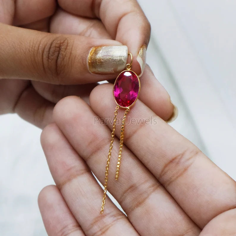 Lab-Created Ruby Charm With Tassel, 18k Solid Gold Charm, Lab-Created Ruby Charm, Gold Charm, Faceted Ruby Charm, Gift For Her