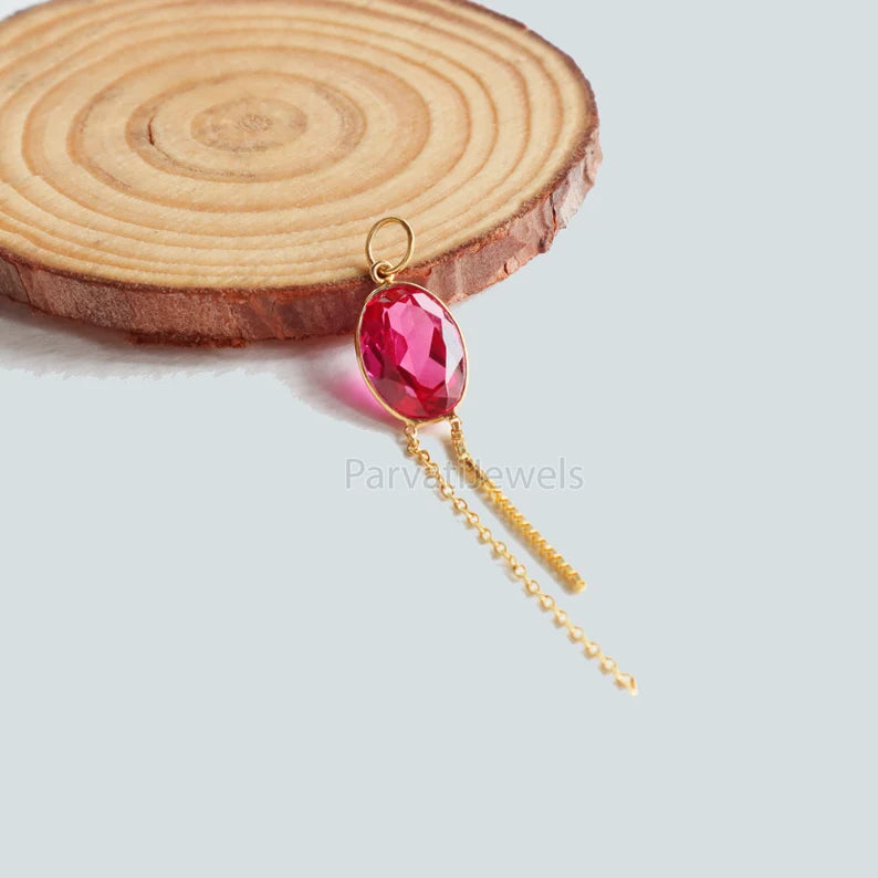 Lab-Created Ruby Charm With Tassel, 18k Solid Gold Charm, Lab-Created Ruby Charm, Gold Charm, Faceted Ruby Charm, Gift For Her