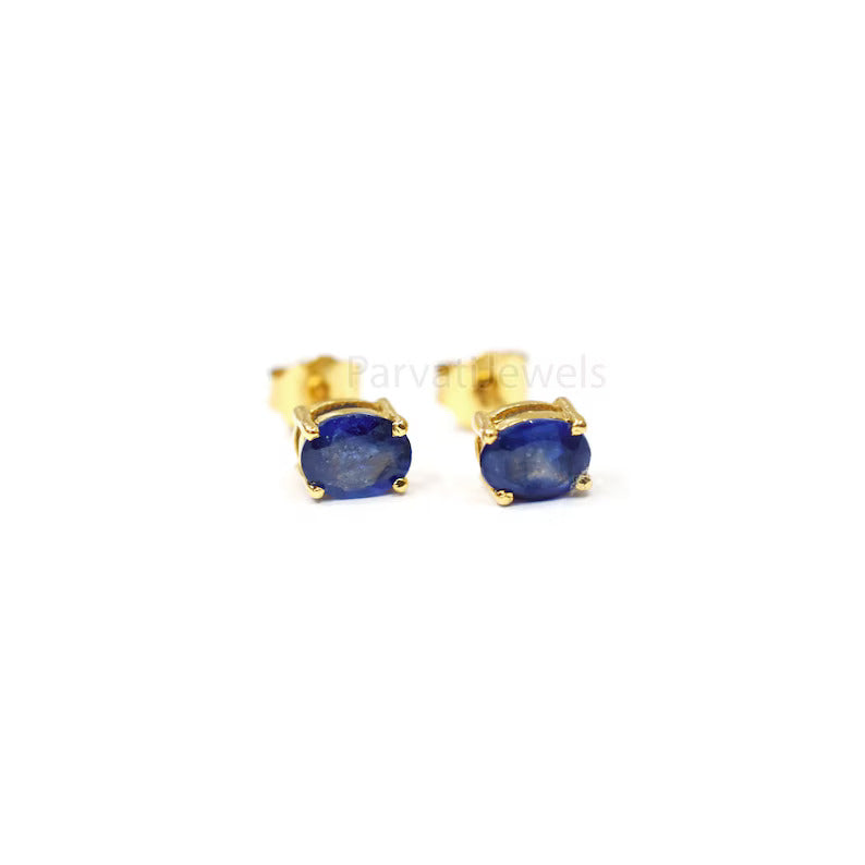 Natural Blue Sapphire Gemstone 18k Solid Gold Stud Earrings, 18k Solid Gold Earrings, Blue Sapphire Stud Earrings, September Birthstone