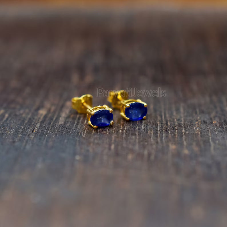 Natural Blue Sapphire Gemstone 18k Solid Gold Stud Earrings, 18k Solid Gold Earrings, Blue Sapphire Stud Earrings, September Birthstone