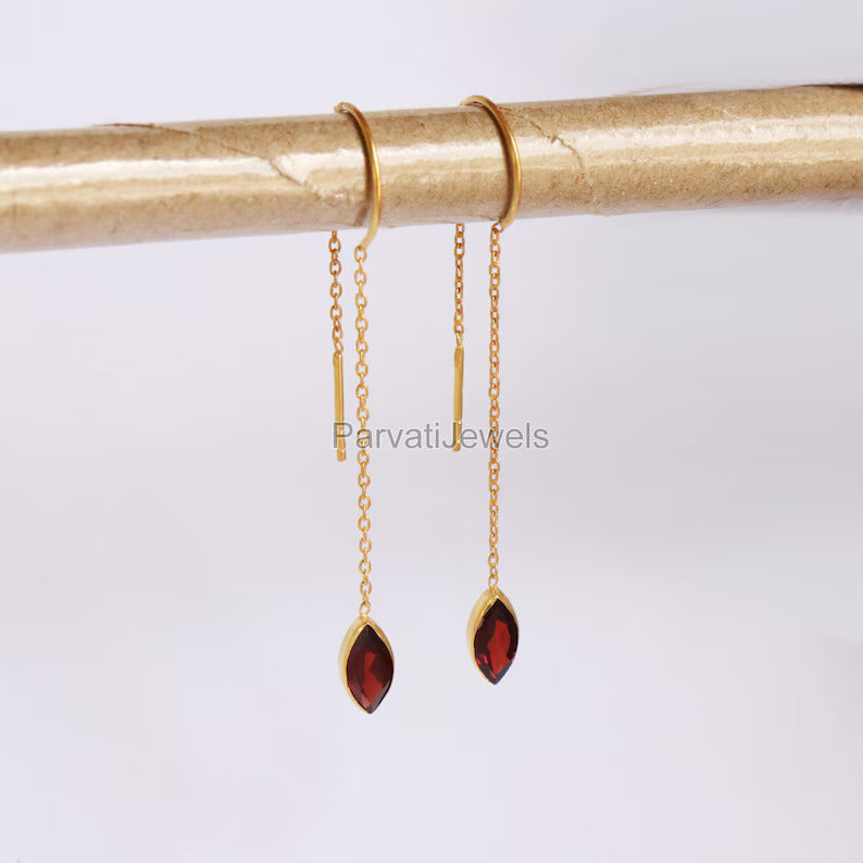 Natural Garnet Solid 18k Gold Earring, Handmade Gold Earring, Minimalist Hanging Earring, Thread Earring, Gift for Her, January Birthstone