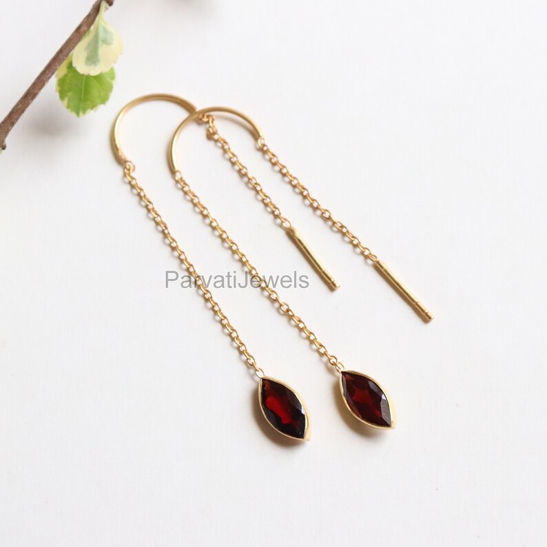 Natural Garnet Solid 18k Gold Earring, Handmade Gold Earring, Minimalist Hanging Earring, Thread Earring, Gift for Her, January Birthstone