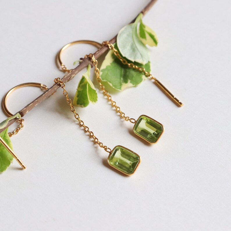 Natural Peridot Gold Earring, Solid Gold Earrings, Handmade Gold Earrings, Minimalist Hanging Earrings, Thread Earring, Gift for Her