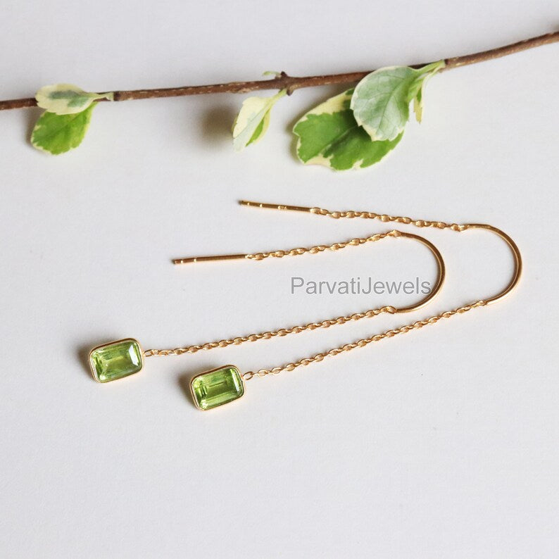 Natural Peridot Gold Earring, Solid Gold Earrings, Handmade Gold Earrings, Minimalist Hanging Earrings, Thread Earring, Gift for Her