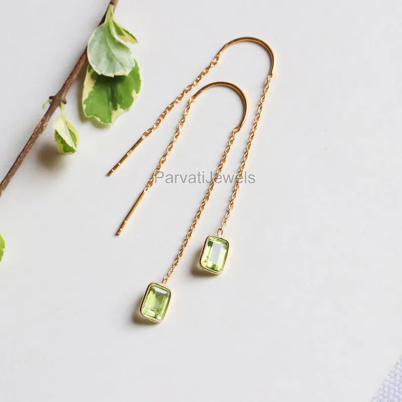 Natural Peridot Gold Earring, Solid Gold Earrings, Handmade Gold Earrings, Minimalist Hanging Earrings, Thread Earring, Gift for Her