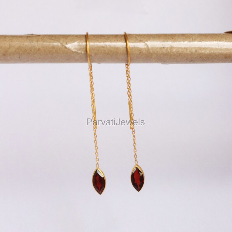 Natural Garnet Solid 18k Gold Earring, Handmade Gold Earring, Minimalist Hanging Earring, Thread Earring, Gift for Her, January Birthstone