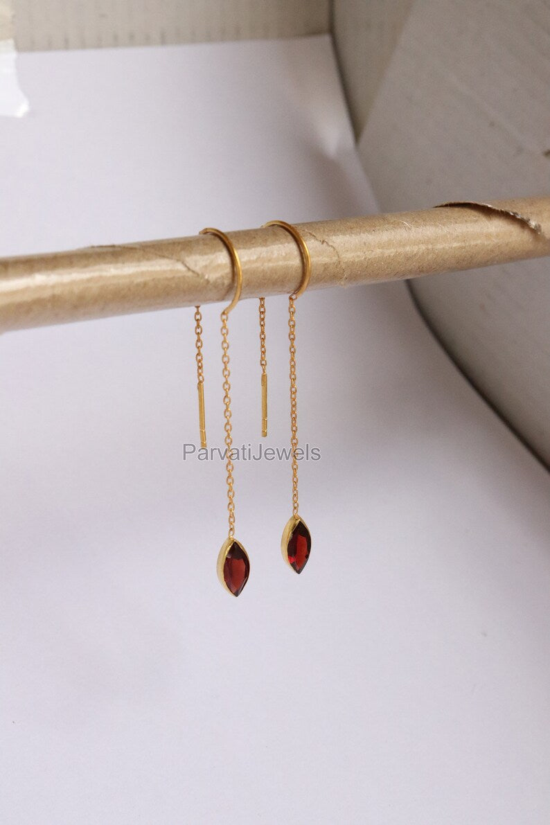 Natural Garnet Solid 18k Gold Earring, Handmade Gold Earring, Minimalist Hanging Earring, Thread Earring, Gift for Her, January Birthstone