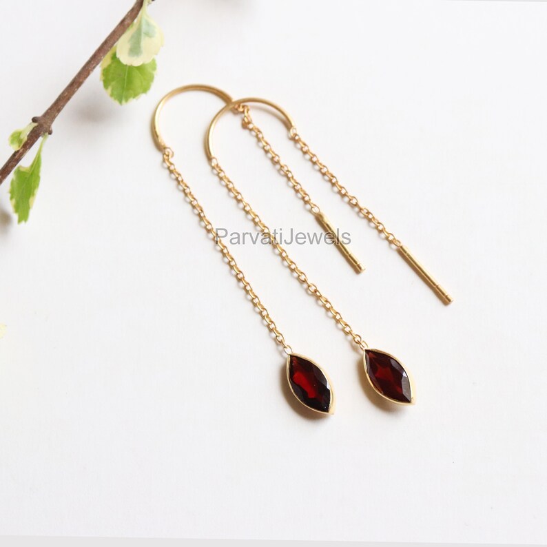 Natural Garnet Solid 18k Gold Earring, Handmade Gold Earring, Minimalist Hanging Earring, Thread Earring, Gift for Her, January Birthstone