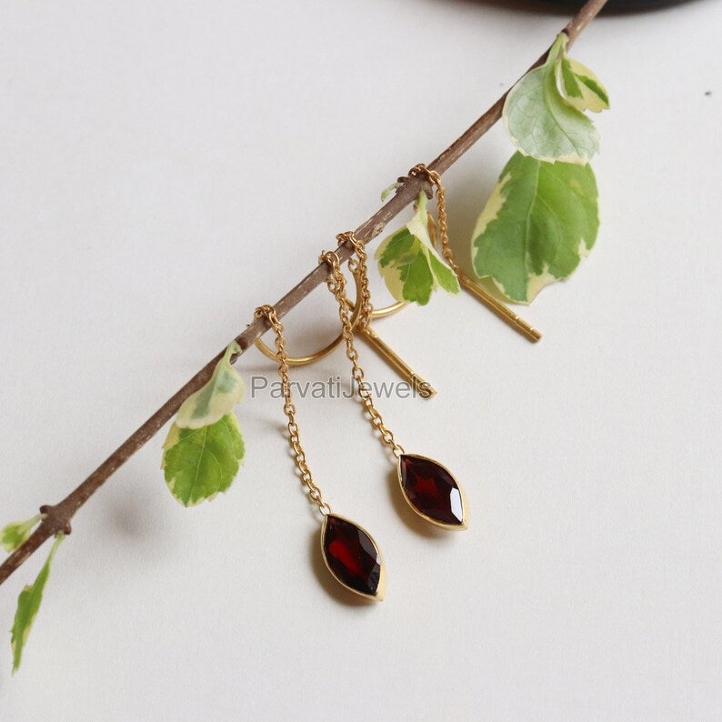 Natural Garnet Solid 18k Gold Earring, Handmade Gold Earring, Minimalist Hanging Earring, Thread Earring, Gift for Her, January Birthstone