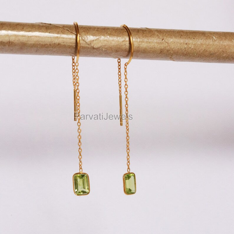 Natural Peridot Gold Earring, Solid Gold Earrings, Handmade Gold Earrings, Minimalist Hanging Earrings, Thread Earring, Gift for Her