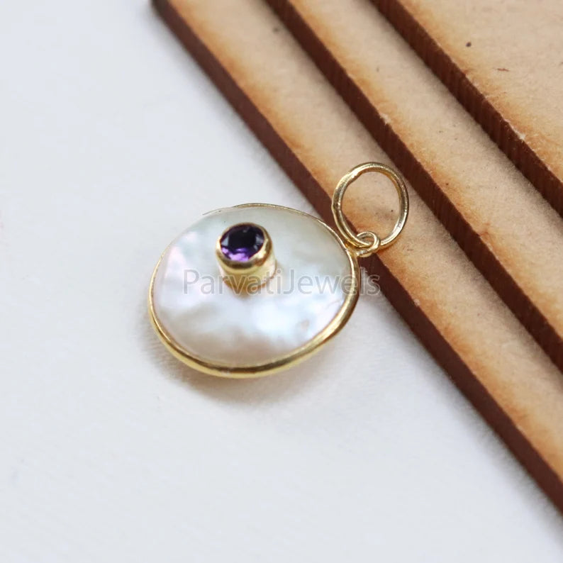 Natural Amethyst & Disc Pearl Charm, 18k Solid Gold Charm, Natural Pearl Gold Charm, Pearl Charm Necklace, February Birthstone, SOLID 18K