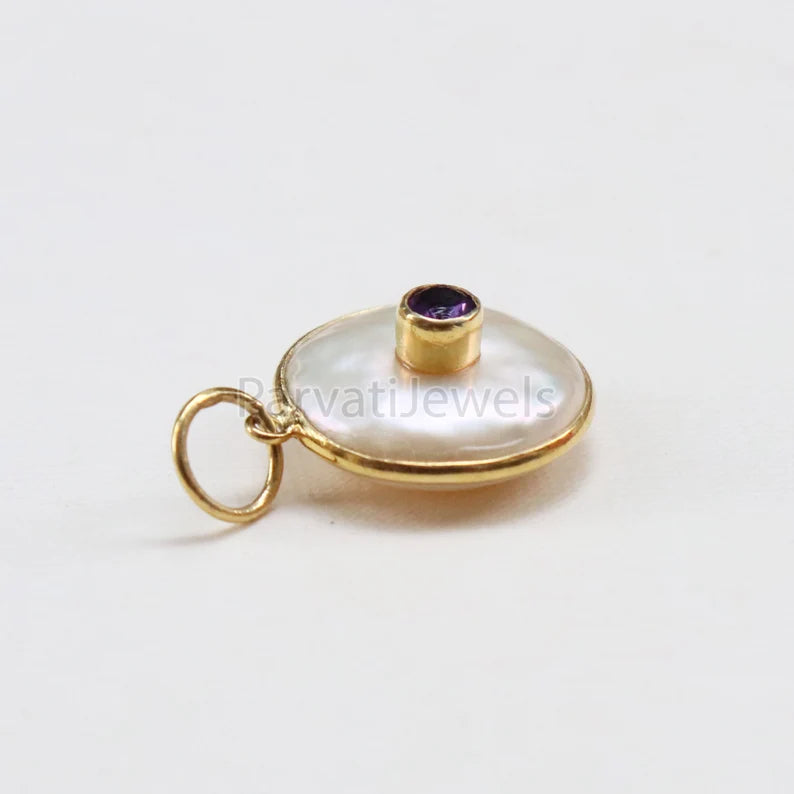 Natural Amethyst & Disc Pearl Charm, 18k Solid Gold Charm, Natural Pearl Gold Charm, Pearl Charm Necklace, February Birthstone, SOLID 18K