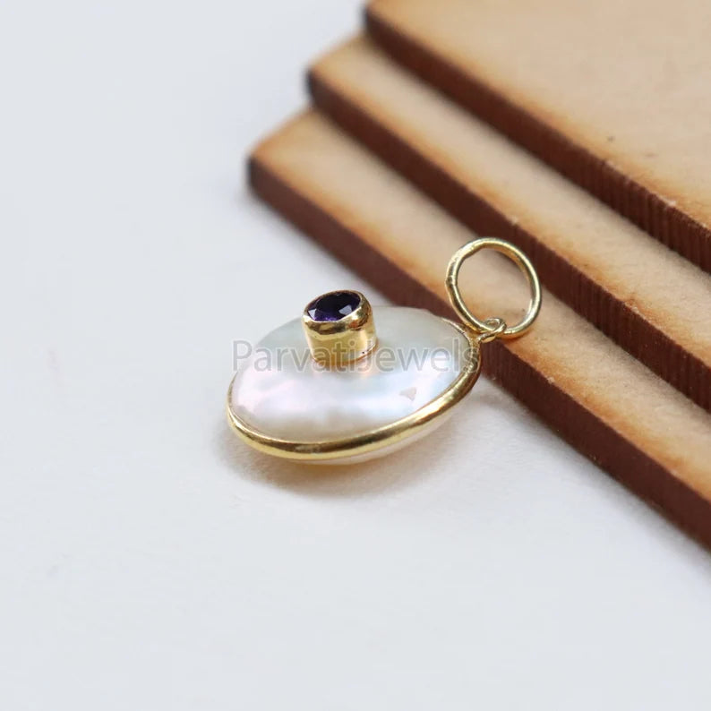 Natural Amethyst & Disc Pearl Charm, 18k Solid Gold Charm, Natural Pearl Gold Charm, Pearl Charm Necklace, February Birthstone, SOLID 18K