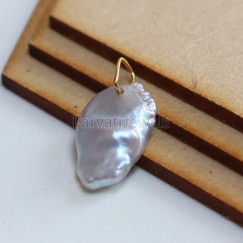 Biwa Pearl 18k Gold Charm, Grey Freshwater Pearl Gold Charm, Charm, Pearl Charm Necklace, Charm Pendant, Handmade Gold Charm, Gift For Her