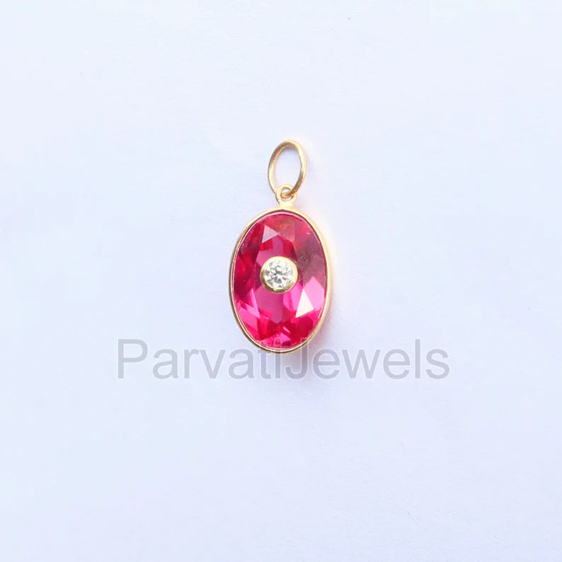 Stylish Lab-Created Ruby and Moissanite Charm, 18k Solid Gold Charm, Multistone Charm, Gold Charm, Charm, Handmade Gold Charm, Gift for Her