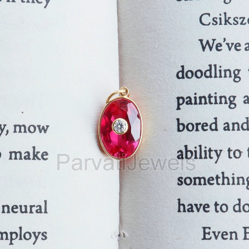 Stylish Lab-Created Ruby and Moissanite Charm, 18k Solid Gold Charm, Multistone Charm, Gold Charm, Charm, Handmade Gold Charm, Gift for Her