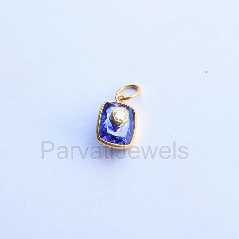Beautiful Lab-Created Tanzanite and Moissanite Charm, 18k Solid Gold Charm, Multistone Charm, Gold Charm, Handmade Gold Charm, Gift for Her