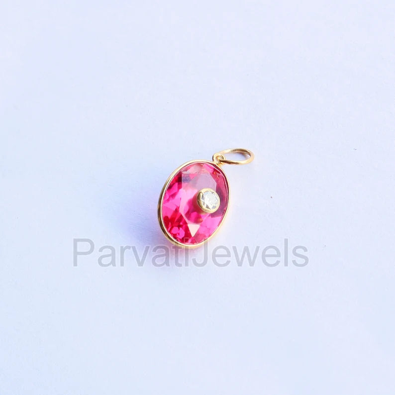 Stylish Lab-Created Ruby and Moissanite Charm, 18k Solid Gold Charm, Multistone Charm, Gold Charm, Charm, Handmade Gold Charm, Gift for Her