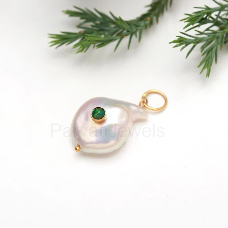 Natural Ethiopian Opal Pave Baroque Pearl Charm, 18k Solid Gold Charm, Natural Pearl Gold Charm, Pearl Charm Necklace, Pearl Charm Pendant