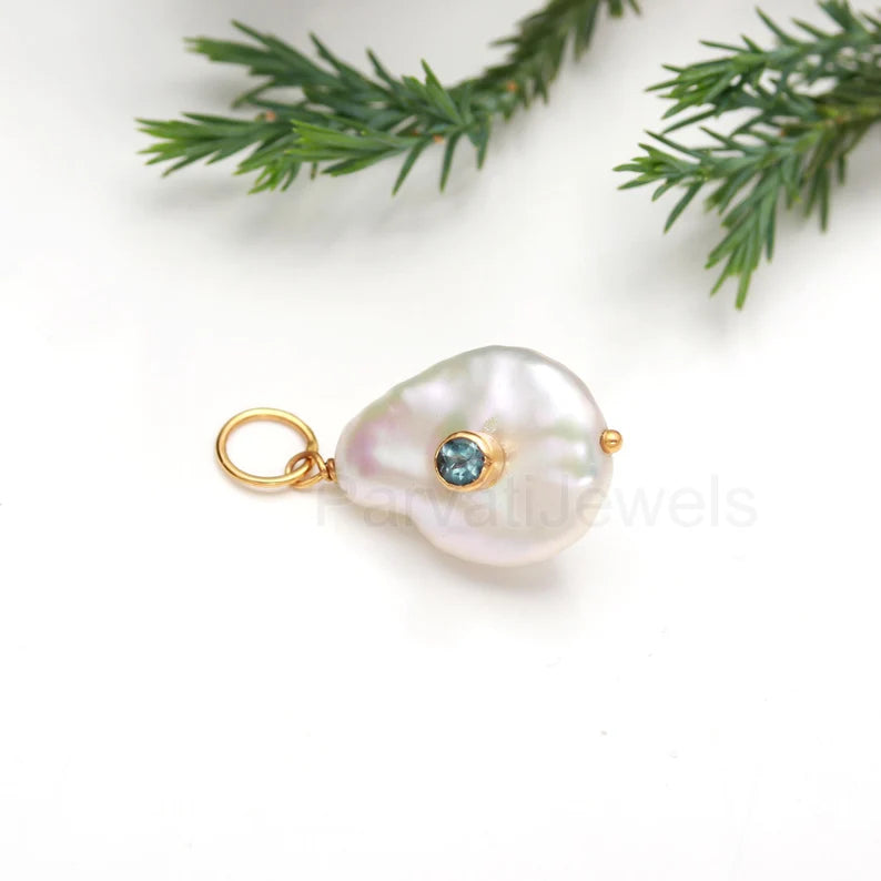 Natural Blue Topaz Pave Baroque Pearl Charm, 18k Solid Gold Charm, Natural Pearl Topaz Gold Charm, Pearl Charm Necklace, Topaz Charm Pendant