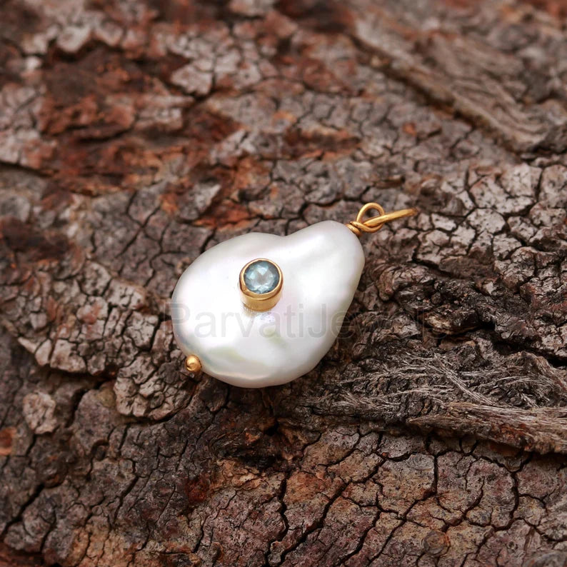 Natural Blue Topaz Pave Baroque Pearl Charm, 18k Solid Gold Charm, Natural Pearl Topaz Gold Charm, Pearl Charm Necklace, Topaz Charm Pendant